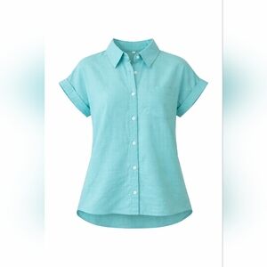 Womens Large -Amazon Short sleeve button-down shirt linen blend aqua blouse
